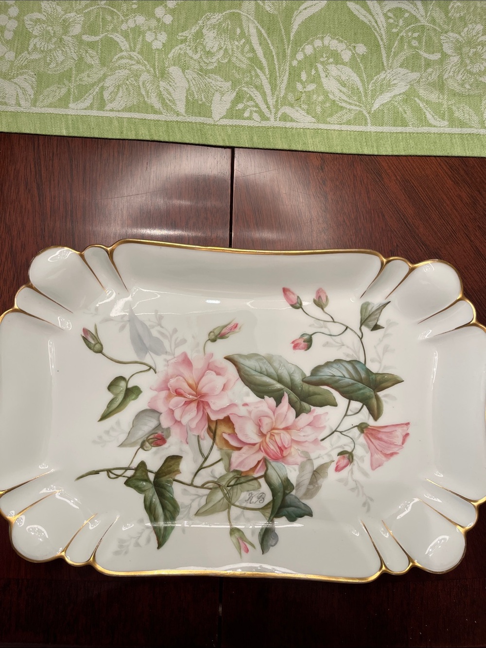Antique Limoges White Porcelain Platter with Pink Floral Bouquet and Gold Trim